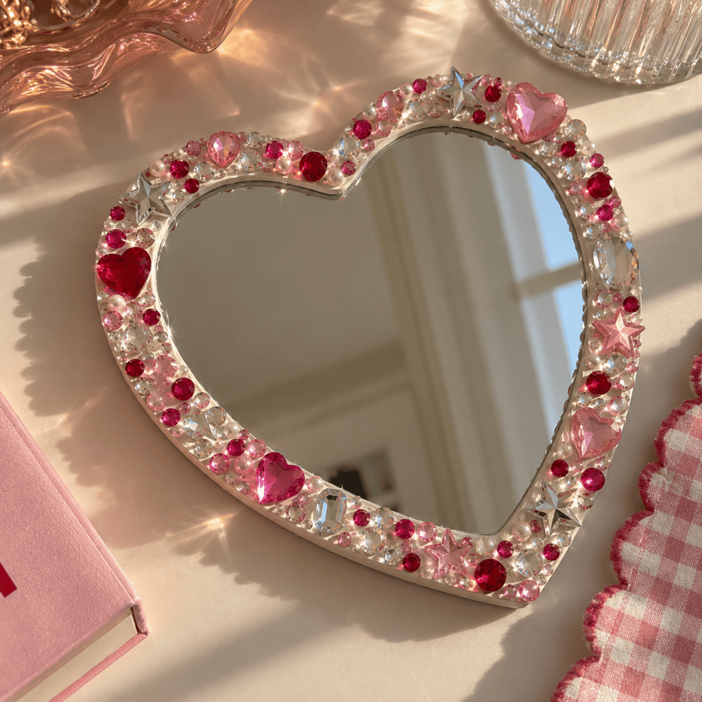 Mirror decorated with colorful gems and rhinestones, a cute bedazzled DIY craft idea for vanity decor, personalized gifts, or girls night.