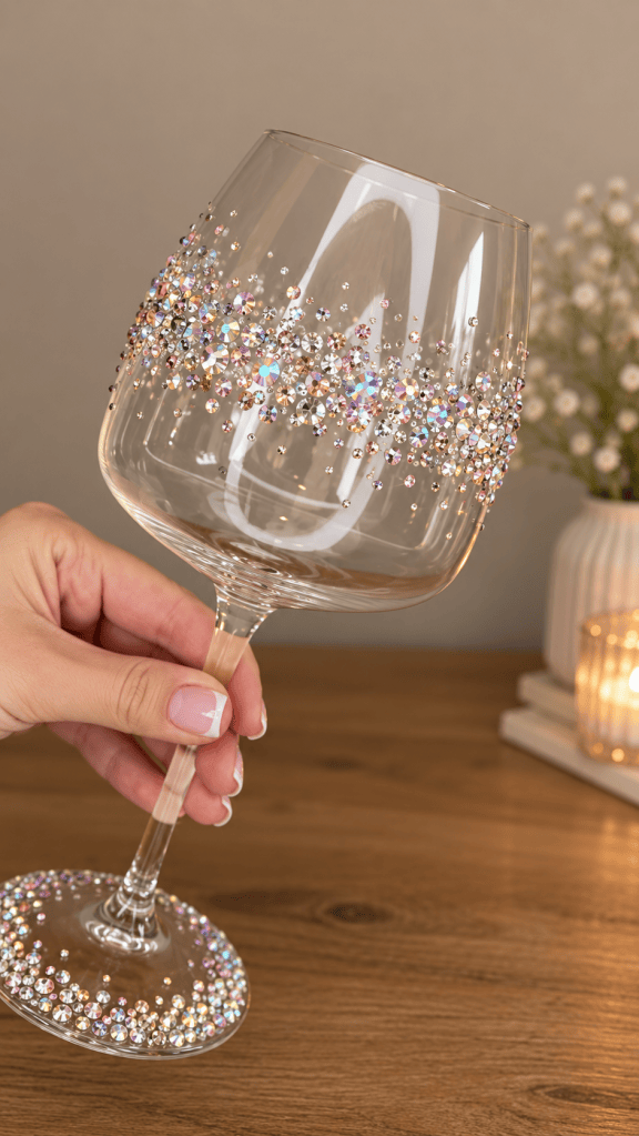 Wine glass decorated with colorful rhinestones and gems, a fun bedazzled DIY craft idea for parties, gifts, girls night, or personalized drinkware.