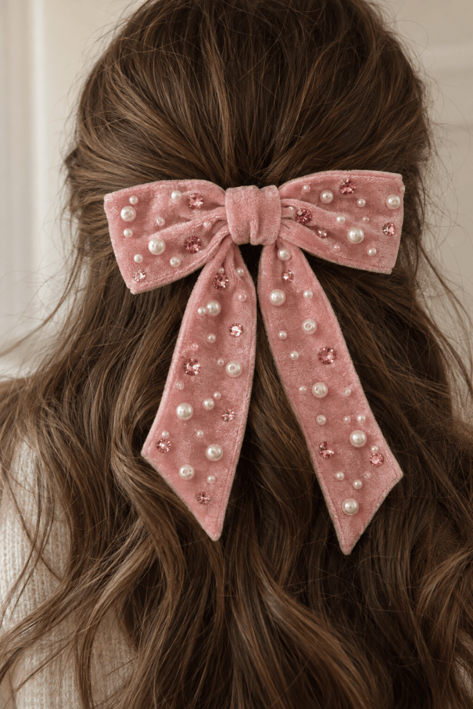 Pink hair bow decorated with rhinestones and pearls, a cute bedazzled DIY craft idea for girls night, gifts, or trendy accessories.