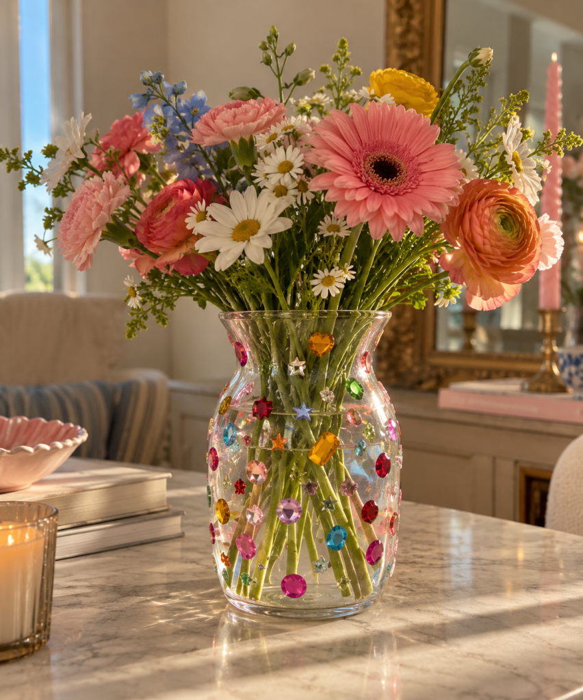 Flower vase decorated with colorful rhinestones and gems, a trendy bedazzled DIY craft idea for floral arrangements, gifts, or colorful home decor.